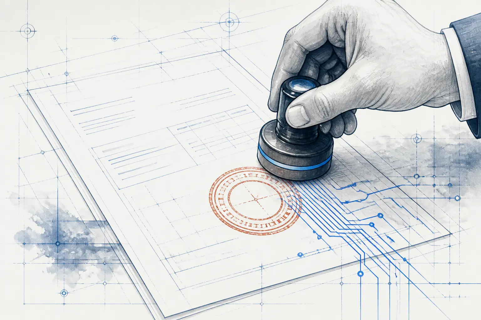 Ink drawing of an approval stamp pressed onto a deal sheet, blue circuit traces flowing from the mark