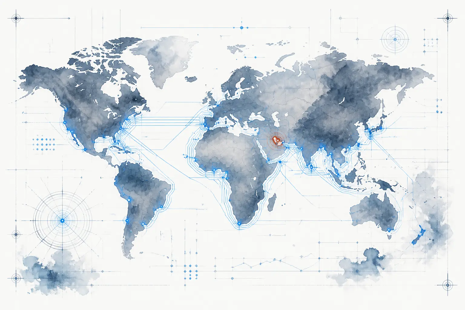 Ink world map with blue circuit routes linking buyer markets across the USA, Europe, the Middle East, Africa and Asia