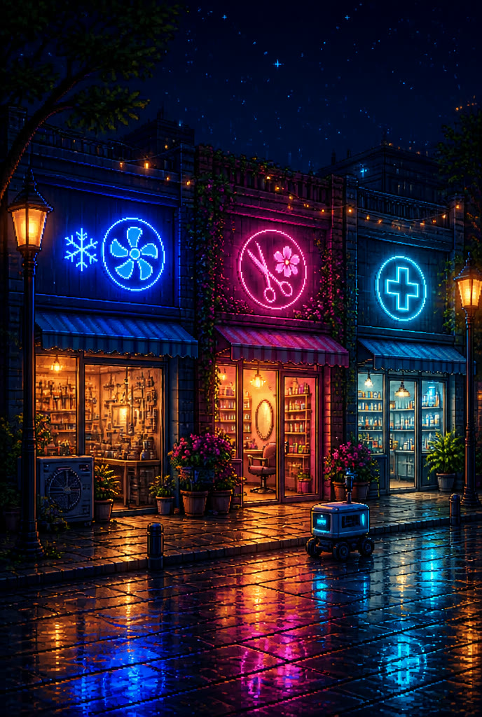 Pixel art rainy night street with HVAC, beauty salon and pharmacy neon storefronts
