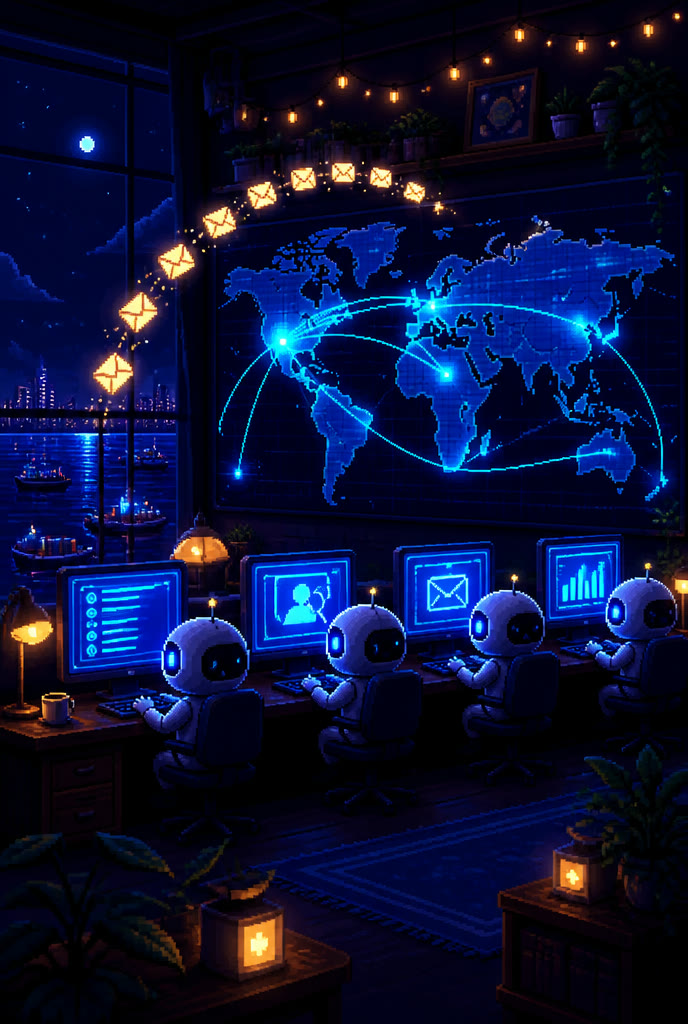 Pixel art night office of robot sales agents working terminals under a glowing world map of export routes