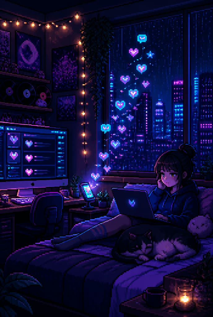 Pixel art cozy lofi room at night with a glowing phone feed and floating likes over the city