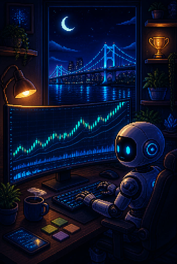 Pixel art night trading den with glowing candlestick charts and a moonlit skyline
